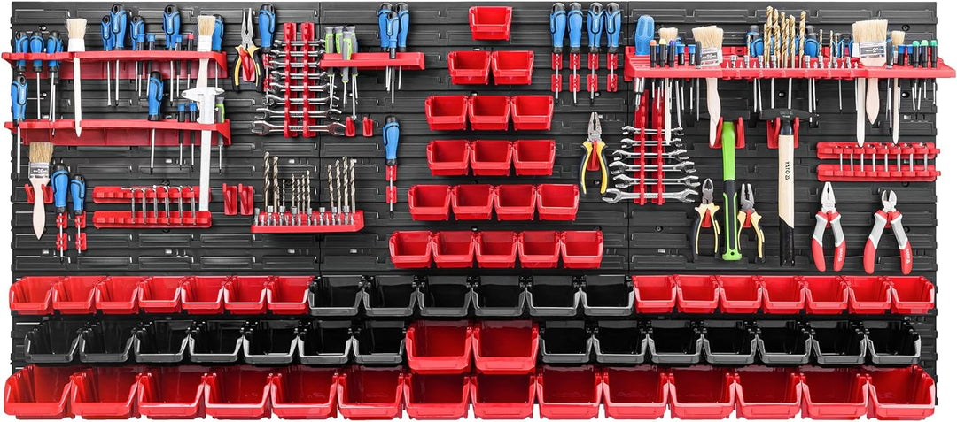 Lagersystem Werkstattregal | 172 x 78 cm | 68 stck. Box | Wandregal mit Werkzeughalterungen und Stap