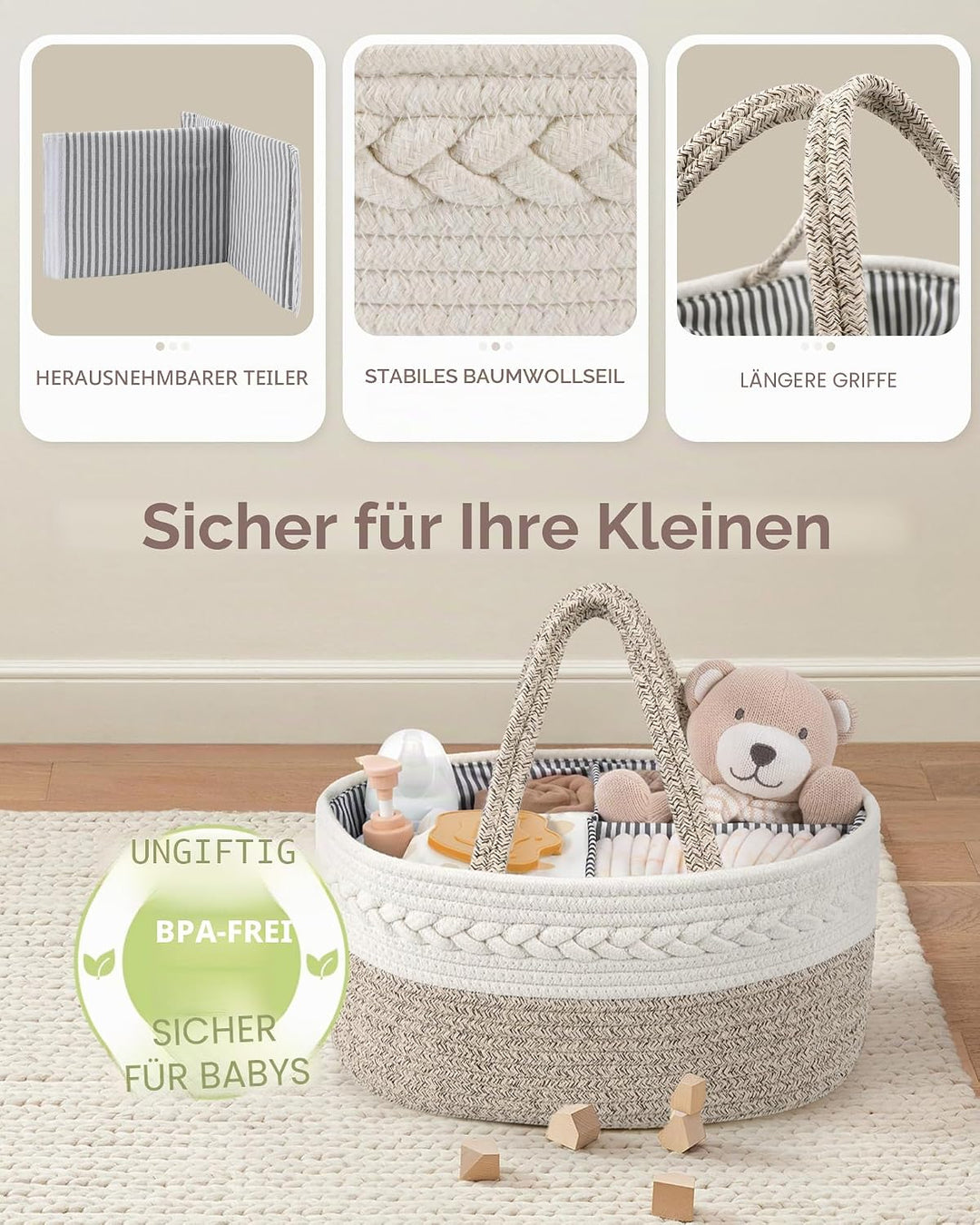 Maliton Baby Windel Caddy Organizer，Wickeltisch Organizer Aufbewahrungskorb mit Herausnehmbaren Fäch