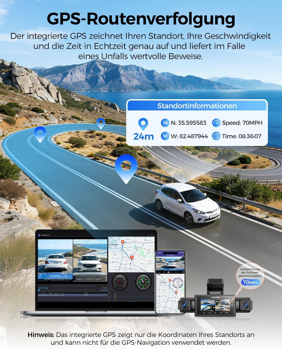 AZDOME Dashcam Auto 4 Kanal 360 Grad Dashcam mit Apple Find My (nur iOS), 5.8GHz WiFi, 64-GB-Karte,