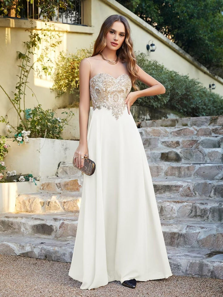 Misshow Abendkleid Chic Lang mit floralen Applikationen aus Chiffon Gr. 30 Elfenbein, 30 Elfenbein