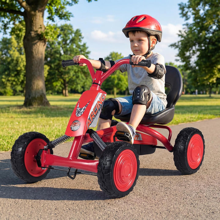 DREAMADE Kinder Go Kart, Gokart mit einstellbarem Sitz & Rückenlehne, Tretfahrzeug mit Vorwärts- & R