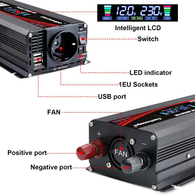 Cantonape 800W Auto Spannungswandler Wechselrichter DC 12V auf 220-230V Power Inverter LCD + 2 USB A