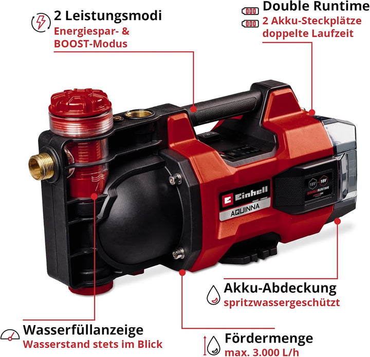 Einhell Akku-Gartenpumpe AQUINNA 18/30 F LED Power X-Change (18 V, maximal 3000 L/h Fördermenge, 2 A