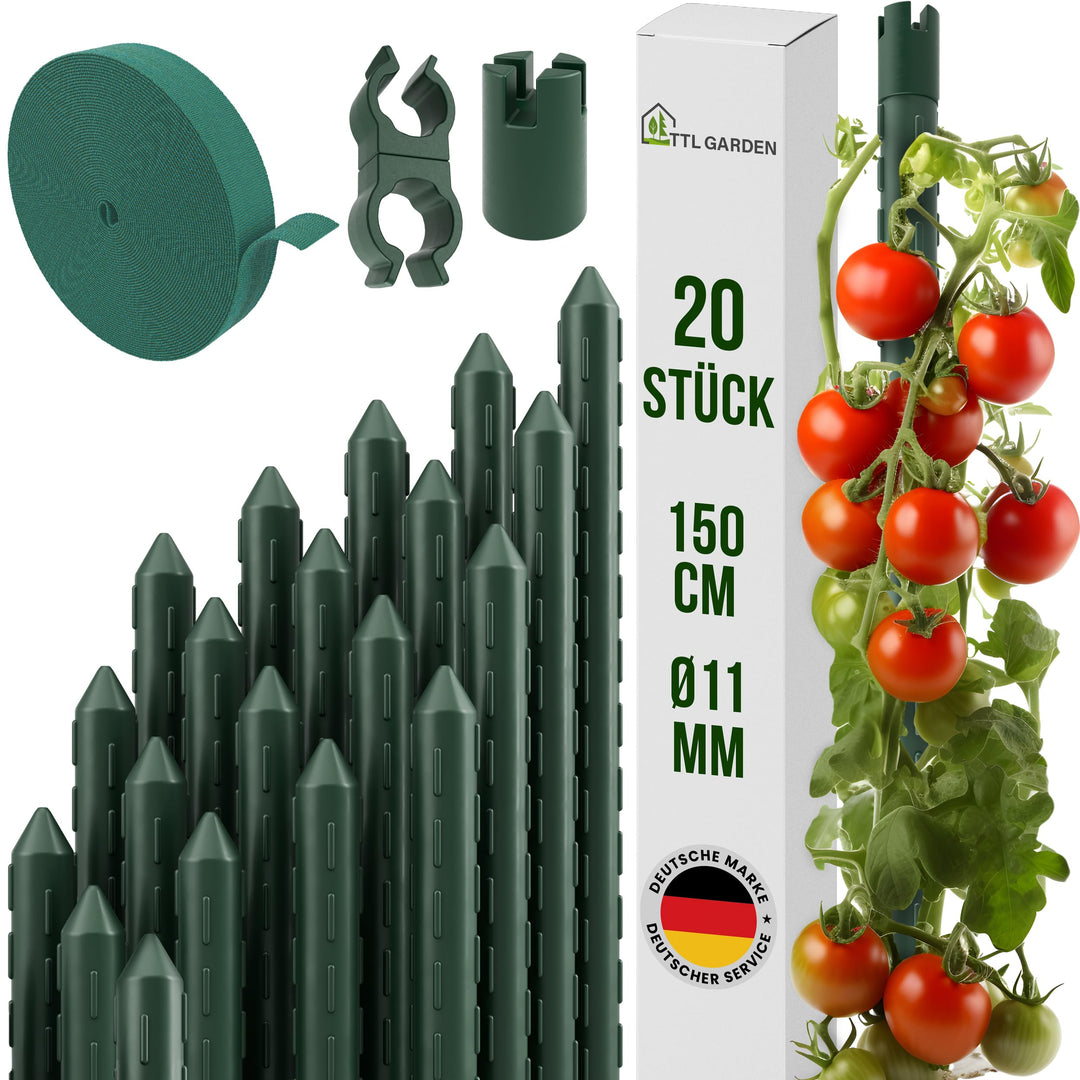 TTL GARDEN Rankstäbe 20er Set 150 cm x 11mm Ø grün + Klettband &amp; Clips | - Rankhilfe Pflanzstäbe Sta
