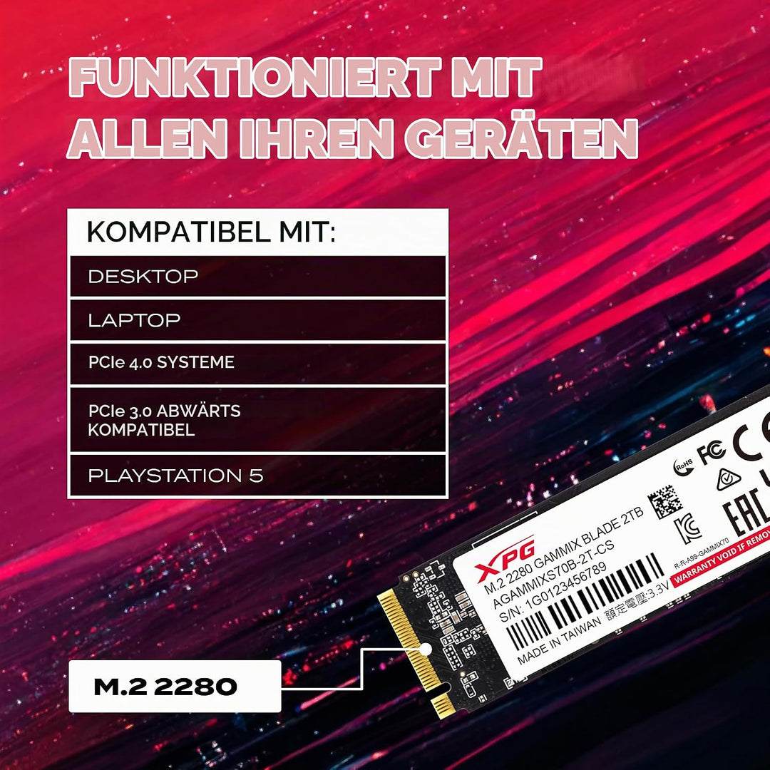 XPG ADATA GAMMIX S70 Blade 2TB PCIe Gen4x4 M.2 2280 SSD Schwarz- Heat Spreader- 3D-Grafikbearbeitung