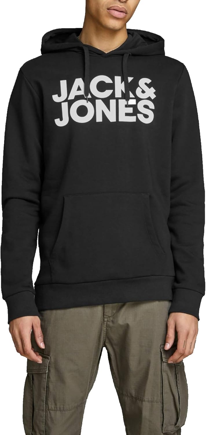 JACK & JONES Hoodie Herren Regular Fit JJEADRIAN Kapuzenpullover Pullover Sweater Print Schwarz Grau