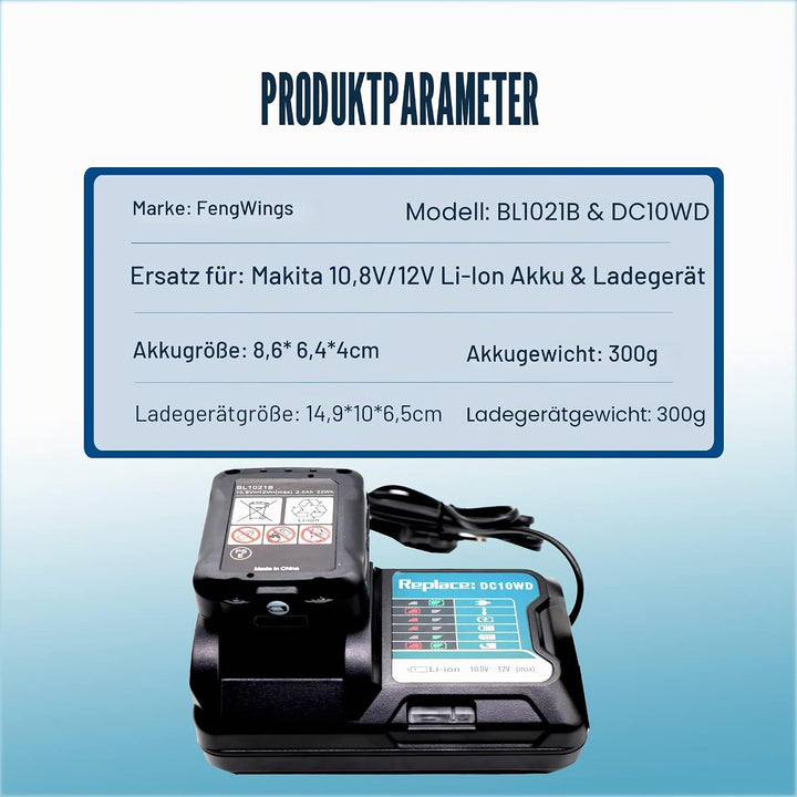 FengWings® BL1021B 2.0Ah Akku 2X Mit Ladegerät DC10WD DC10SB, Kompatibel mit Makita 12V Akku BL1016