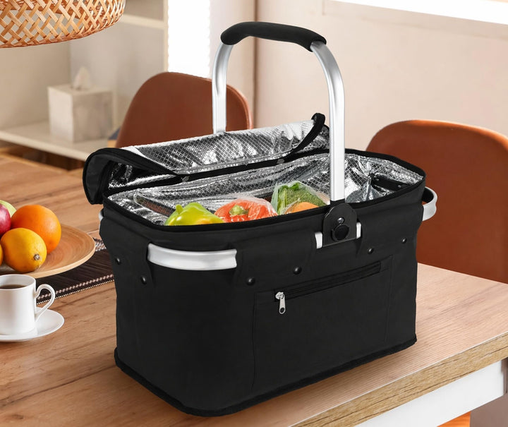 Alu Einkaufskorb Thermo Korb Klapp Kühltasche faltbar Picknick Camping Blau Grau Schwarz (Schwarz),