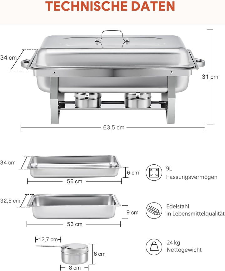 Wilprep Chafing Dish Edelstahl Buffet-Set Warmhaltebehälter Speisenwärmer Wärmebehälter Rechaud für