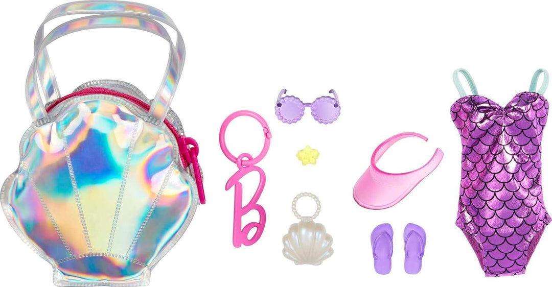 Barbie Kleidung, Deluxe-Strandtasche zum Anklippen, mit Badeanzug und fünf Themen-Accessoires für Ba
