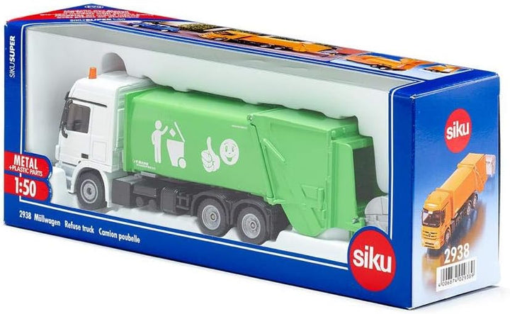 siku 2938, Müllwagen, 1:50, Metall/Kunststoff, Grün/Weiss, Öffenbarer Heckbereich, Inkl. Mülltonne,