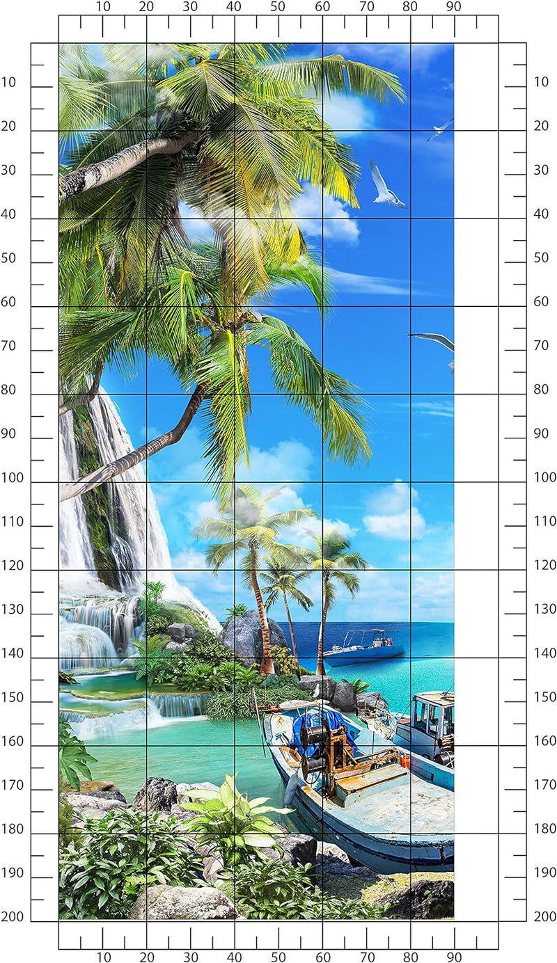 wandmotiv24 Türtapete Wasserfall ins Meer, Palmen, Boote 90 x 200cm (B x H) - Dekorfolie selbstklebe