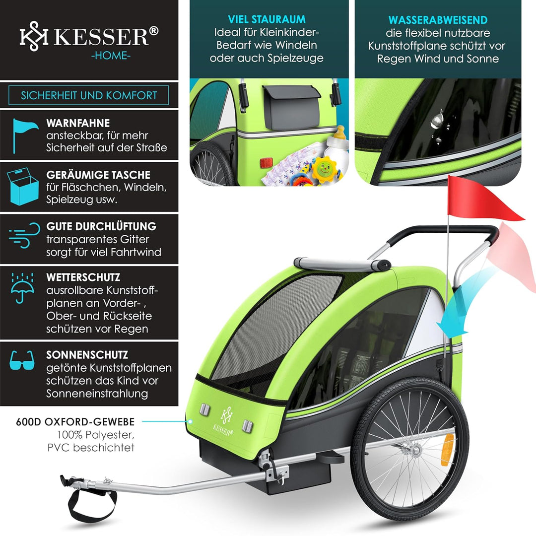KESSER® Kinderanhänger Fahrradanhänger Sport-RX 2 in 1 Joggerfunktion Kinderfahrradanhänger + 5-Punk