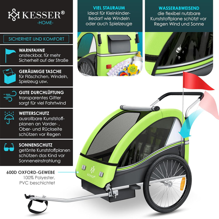 KESSER® Kinderanhänger Fahrradanhänger Sport-RX 2 in 1 Joggerfunktion Kinderfahrradanhänger + 5-Punk