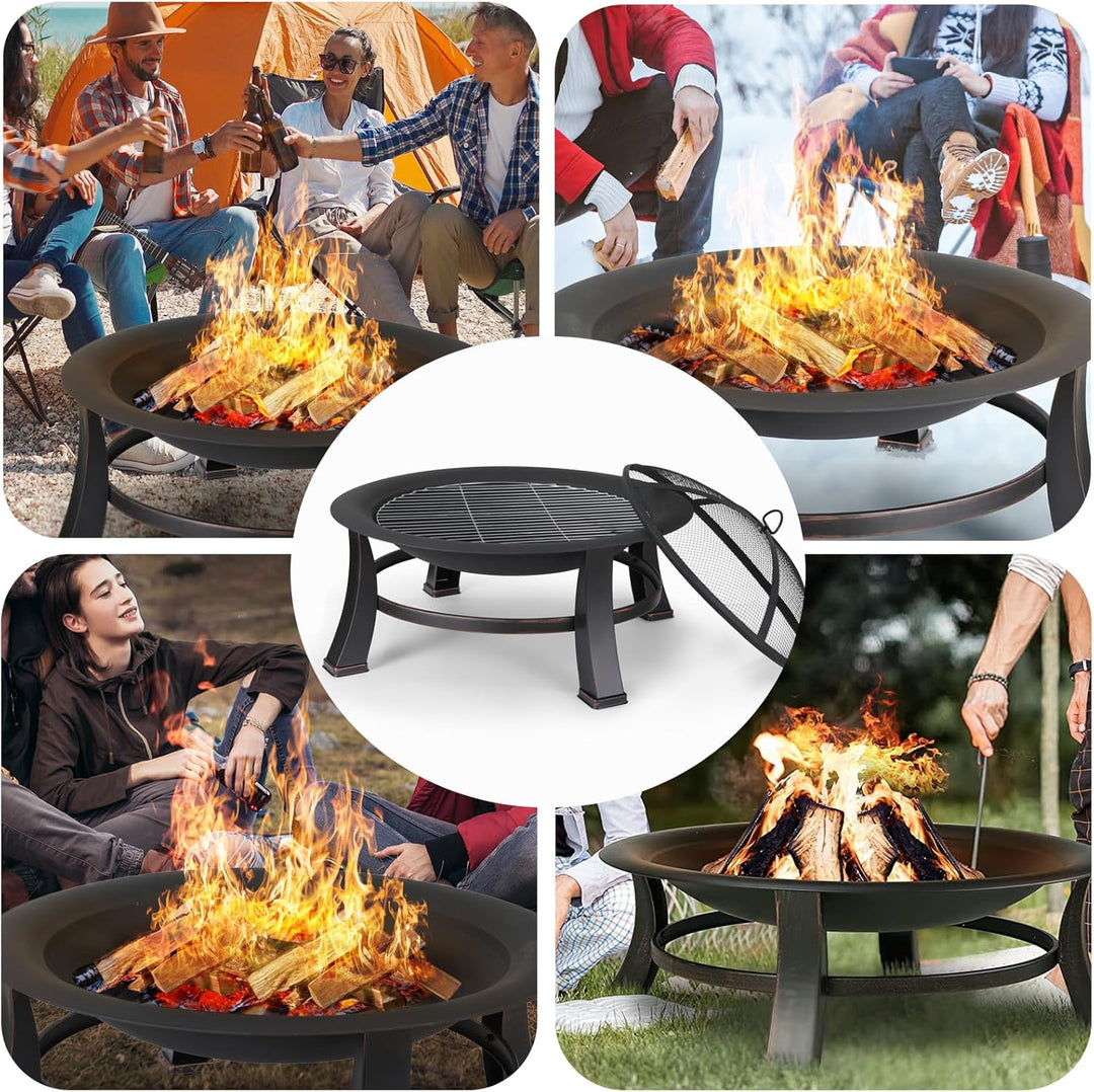 LIFERUN Φ76cm Feuerschale mit Funkenschutz & Grillrost, Feuerkorb mit 600D wasserdichte Oxford Abdec