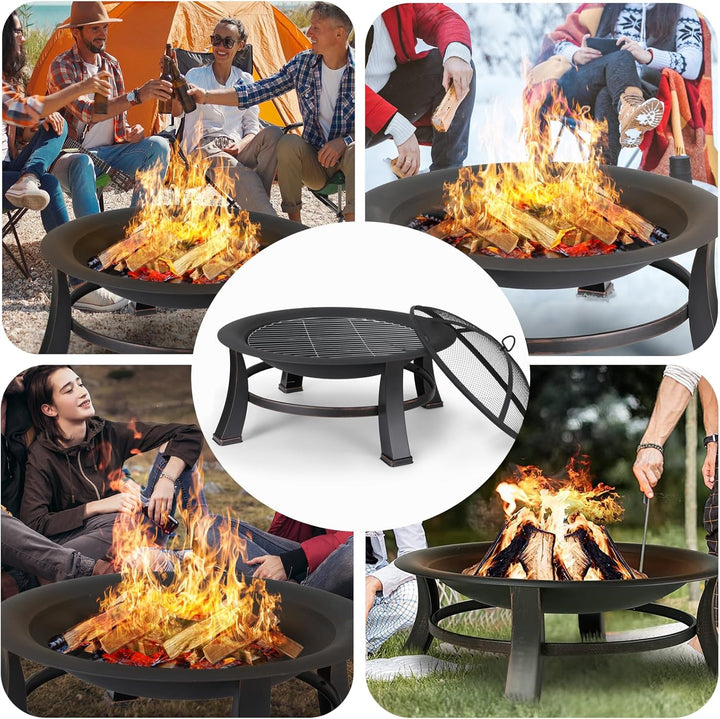LIFERUN Φ76cm Feuerschale mit Funkenschutz & Grillrost, Feuerkorb mit 600D wasserdichte Oxford Abdec