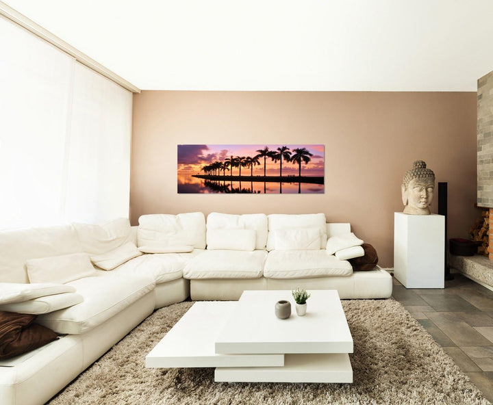Paul Sinus Art Panoramabild auf Leinwand und Keilrahmen 120x40cm Miami Meer Palmen Sonnenaufgang Spi