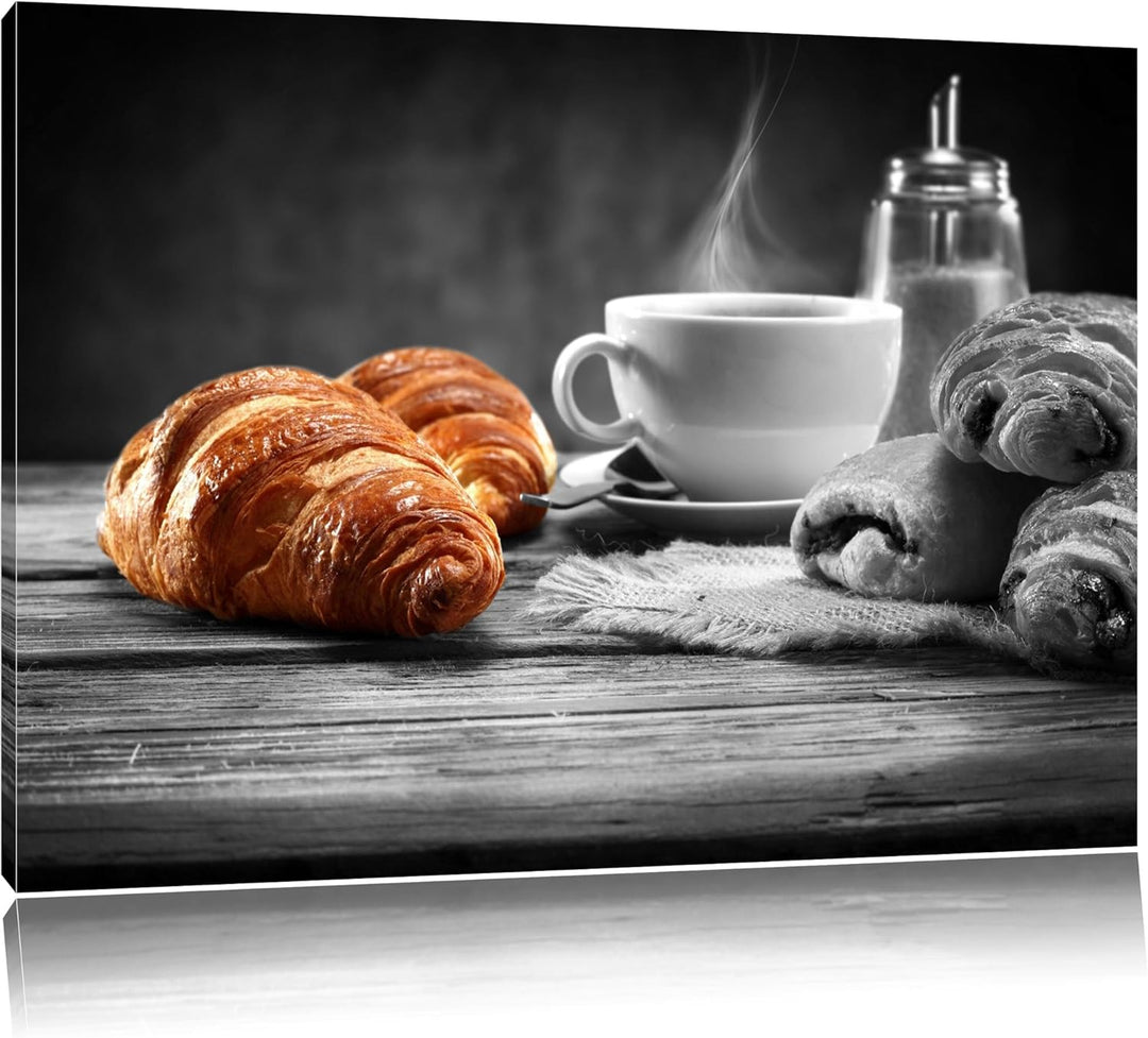 Croissants mit frischem Kaffee schwarz/weiss Format: 100x70 auf Leinwand, XXL riesige Bilder fertig