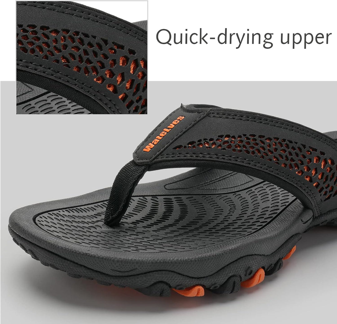 WateLves Herren Flip Flops Zehentrenner Leder mit Arch Support Sandalen Weich Leder Stoff Badelatsch