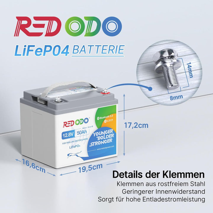 Redodo 12V 50Ah Smart Bluetooth LiFePO4 Lithium Batterie für Trolling Motor, Low-Temp Schutz, 10 Jah