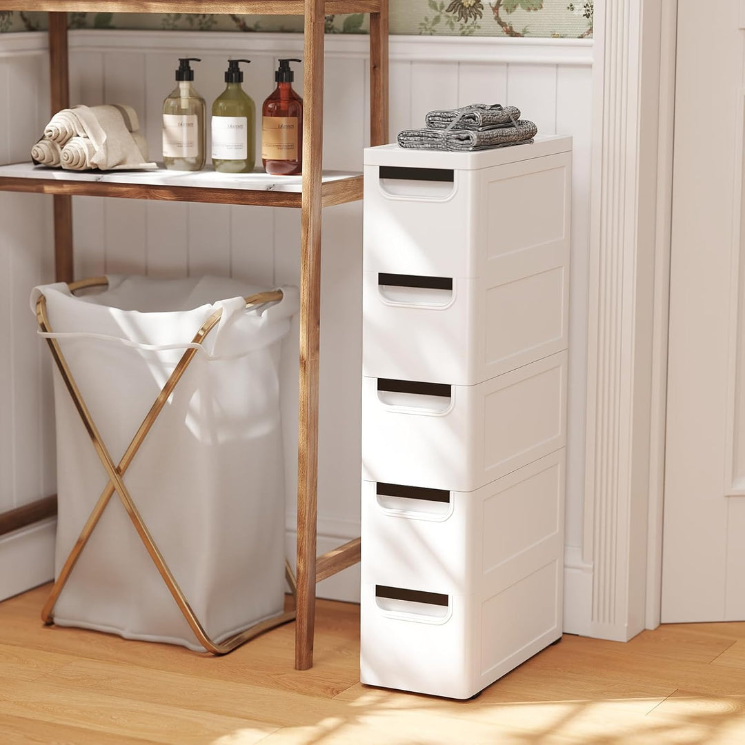 Schmaler Badezimmerschrank auf Rollen, Schmaler Badezimmerschrank mit 3/4/5 Schubladen, Mobiler Schu