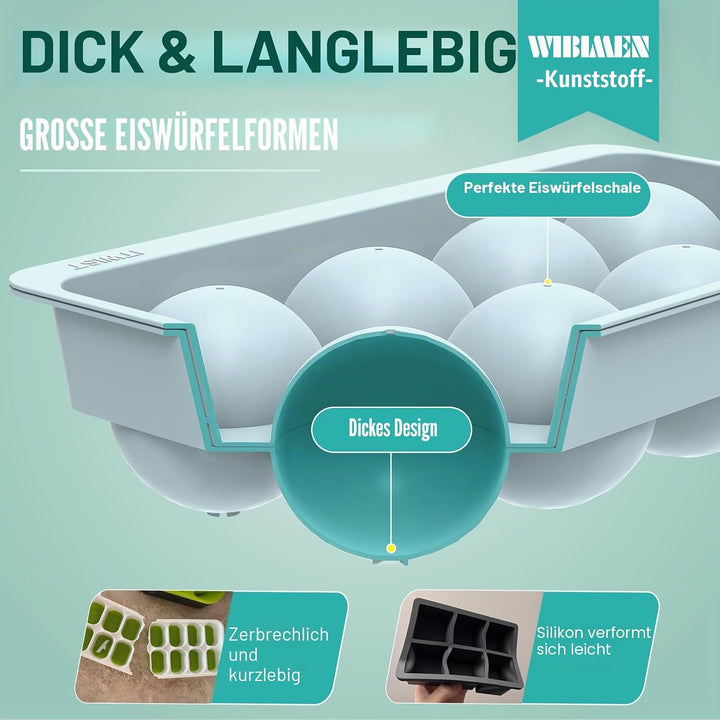 WIBIMEN Grosse Eiswürfelform, 6,3 cm, Whiskey-Eisform, 2 Stück, Kugelform mit Behälter und Zange, au
