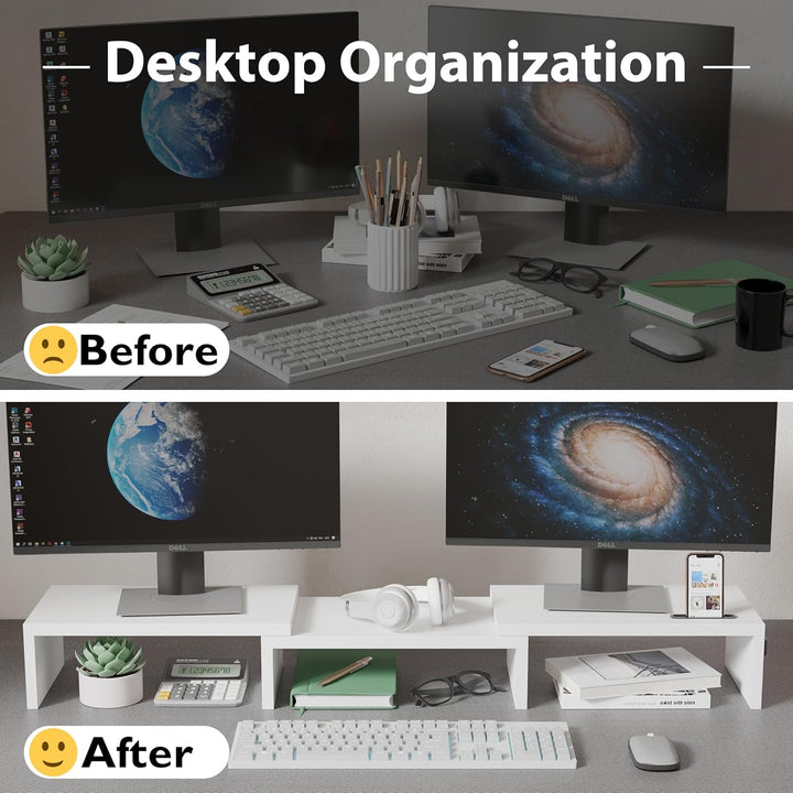BONTEC Monitorständer Holz, Dual Monitor Stand Riser mit Handyhalter, Verstellbare Länge und Schwenk