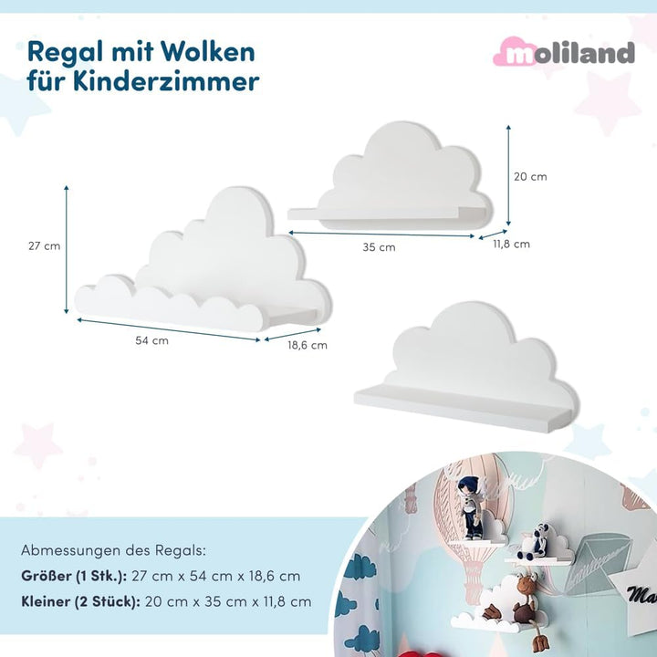 3er Set Wandregal Kinderzimmer Weiss | Babyzimmer Wolkenregal für Bücher, Spielzeug, Dekoration | Re