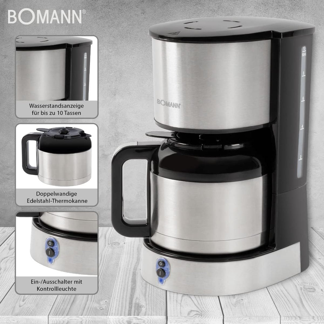 Bomann KA 6037 CB Thermo-Kaffeeautomat für 8–10 Tassen Kaffee, Edelstahl-Thermokanne (doppelwandig)