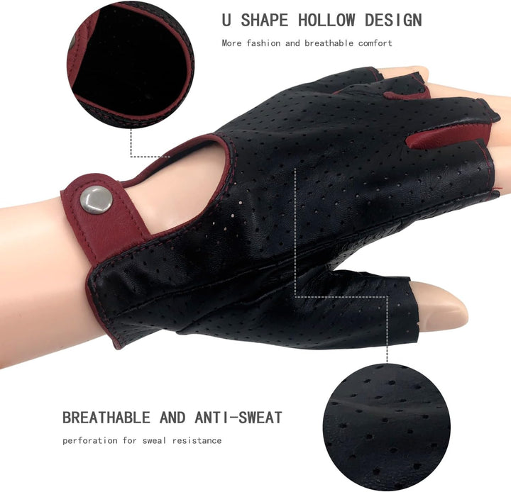 ZLUXURQ Herren-Lederhandschuhe Vollmaschige Fingerlose Halbfinger-Fahrhandschuhe Small-8.5" Schwarz