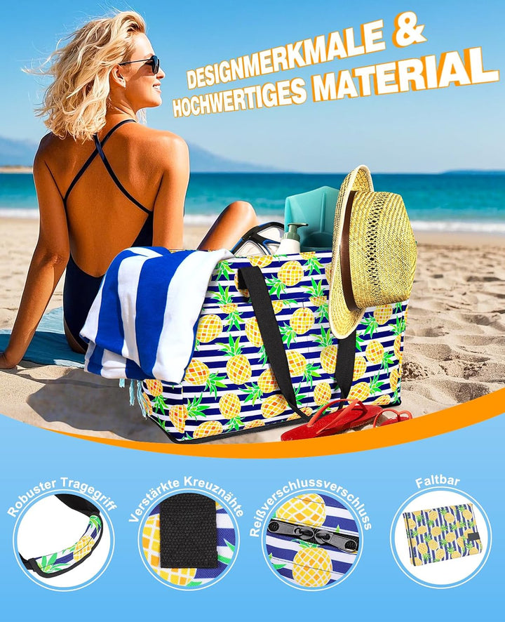 ISEYOU Strandtasche XXL Familie mit Kühltasche, Gross Strandtasche mit Reissverschluss Wasserdicht S