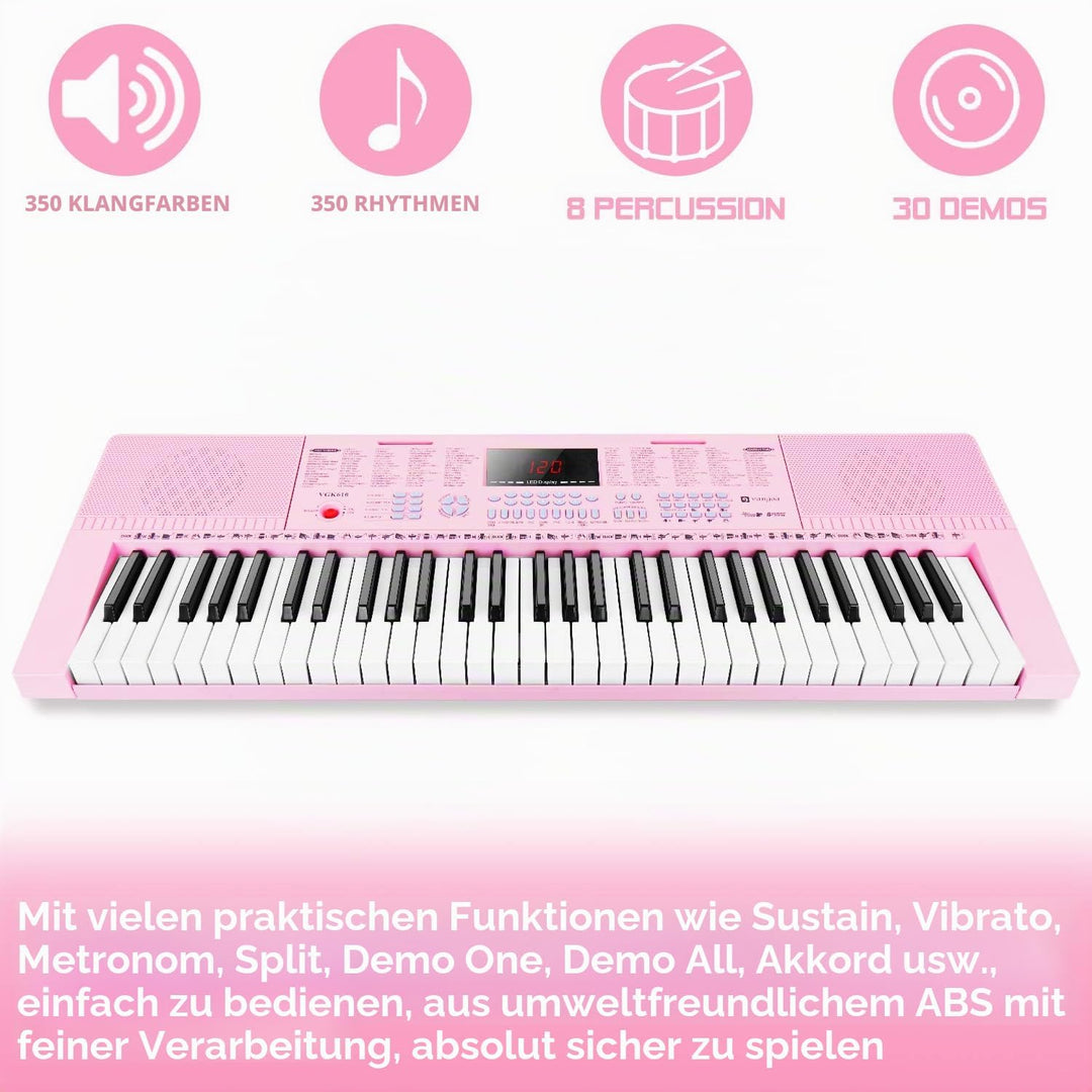 Vangoa Elektronische Klaviertastatur 61 Mini Tasten für Anfänger mit 3 Unterrichtsmodi, Mikrofon, 35