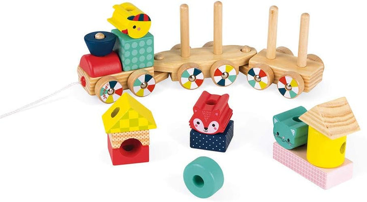 Janod - Baby Forest Holzzug, Nachziehspielzeug, mit 17 Bausteinen, zum Erlernen von Formen und Farbe