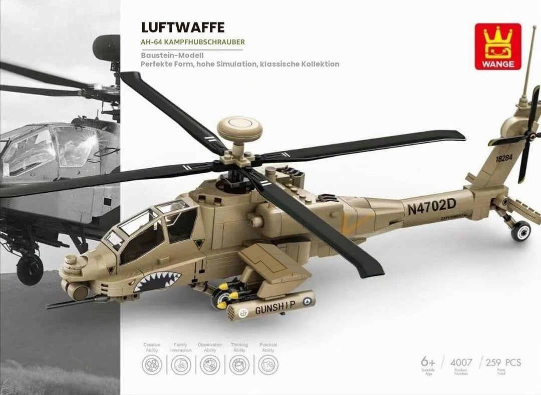 WANGE Modell des Apache-AH-64-Hubschraubers Zum Zusammenbauen Mit Bausteinen. Flugmodellbau 1:48. An