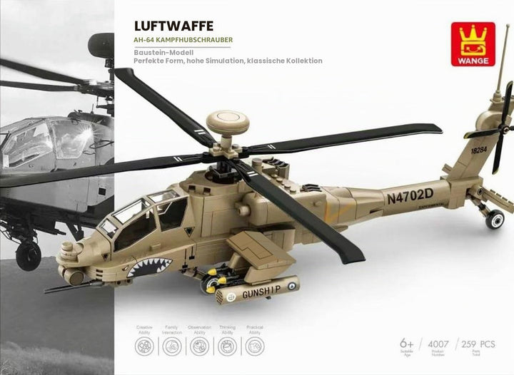 WANGE Modell des Apache-AH-64-Hubschraubers Zum Zusammenbauen Mit Bausteinen. Flugmodellbau 1:48. An