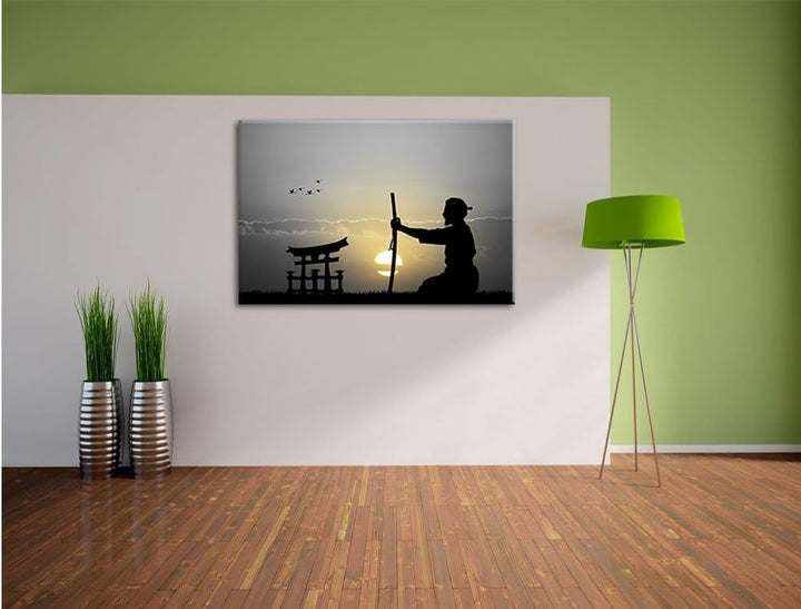 Pixxprint Alter Samurai-Meister vor Horizont B&W Detail, Format: 100x70 auf Leinwand, 100x70