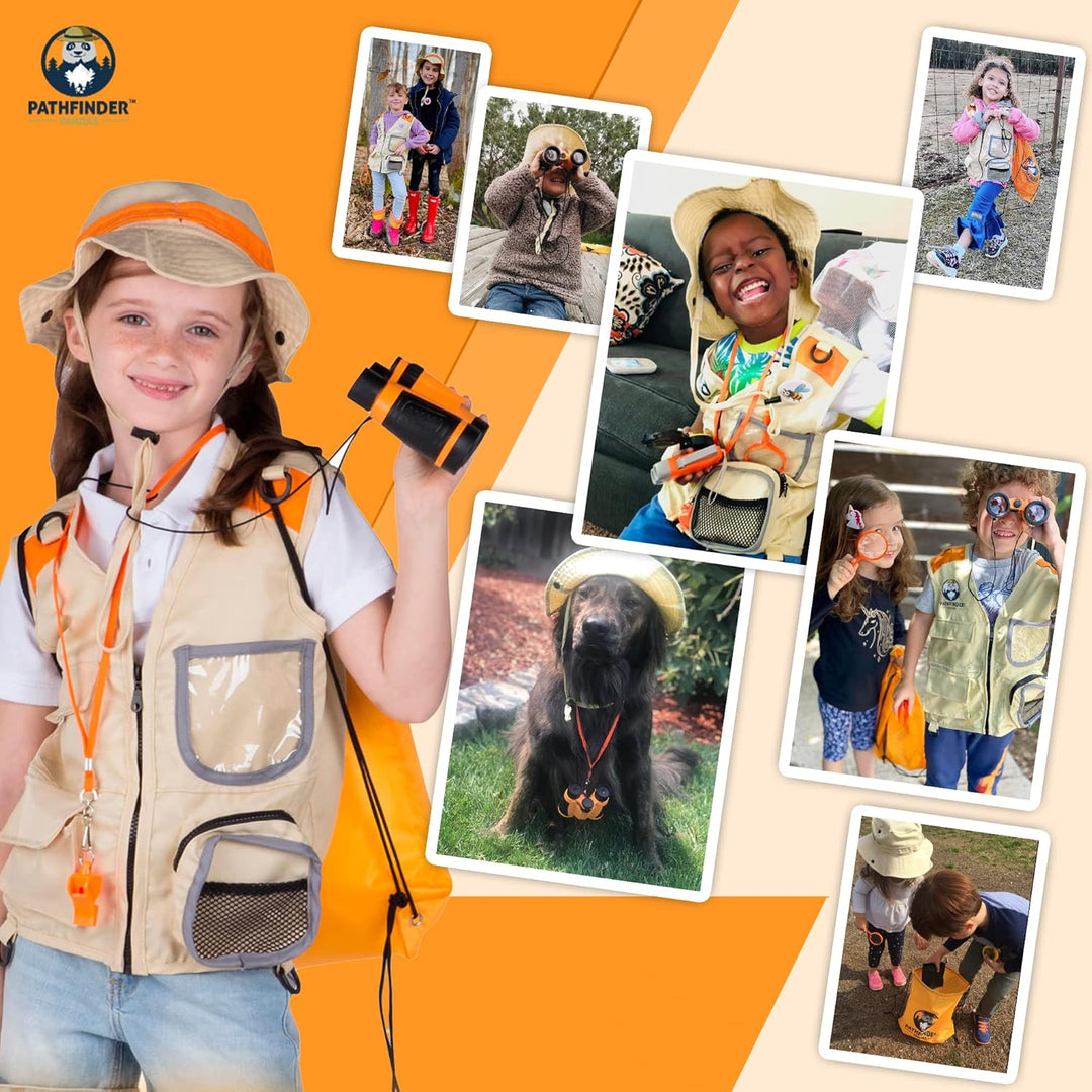 Forscherset für Kinder ab 6 & Safari Kostüm Kinder, Hut, Fernglas für Kinder, Becherlupe & Mehr - Fo
