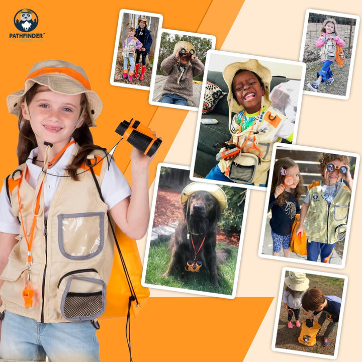 Forscherset für Kinder ab 6 & Safari Kostüm Kinder, Hut, Fernglas für Kinder, Becherlupe & Mehr - Fo
