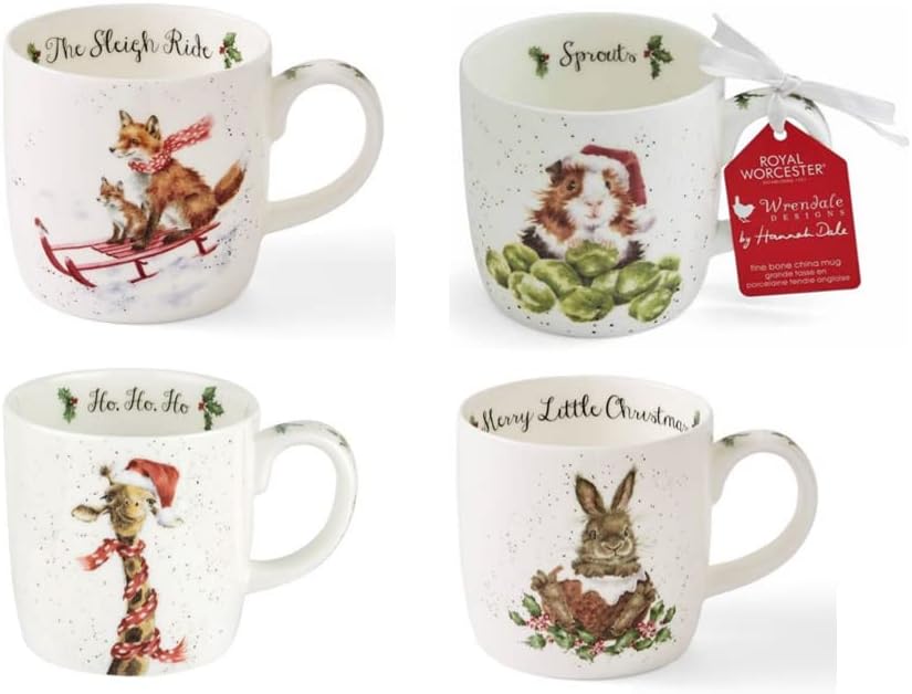 Royal Worcester Wrendale entwirft Weihnachten 0,3 Liter Becher Set mit 4 Tassen Fuchs Meerschweinche