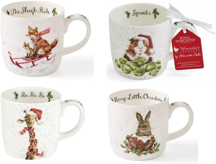 Royal Worcester Wrendale entwirft Weihnachten 0,3 Liter Becher Set mit 4 Tassen Fuchs Meerschweinche