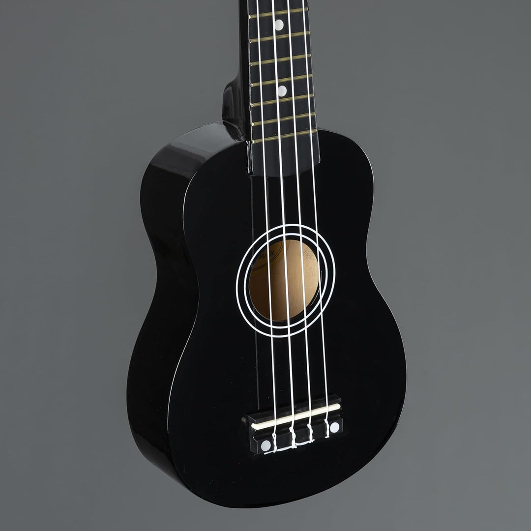 Fame UKE-S BW Sopran Ukulele, Schwarz, Inklusive Tasche, Lindenholz-Korpus, 12-Bund Composite-Griffb