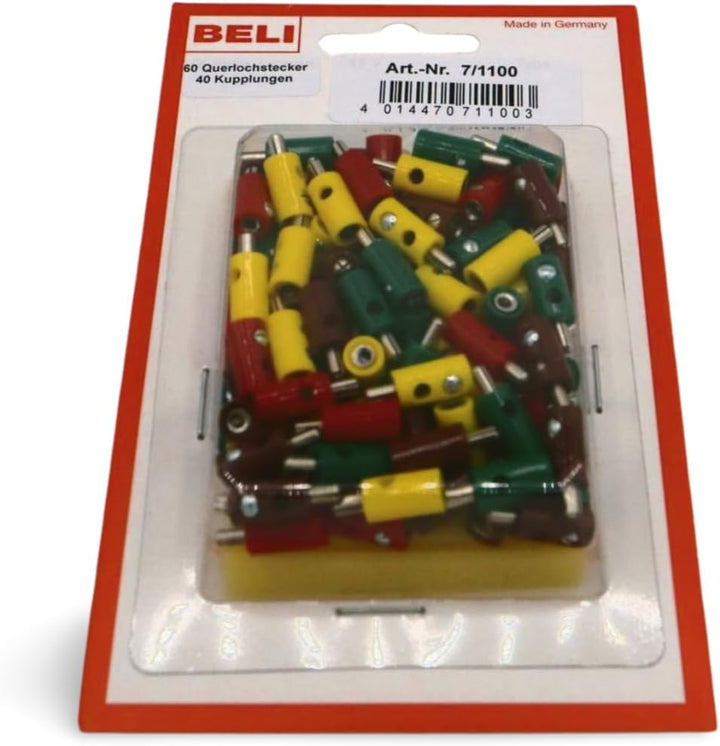 BELI-BECO 7/1100 Blister mit 60 Querlochsteckern und 40 Kupplungen - Miniatur-Bananenstecker - mit S