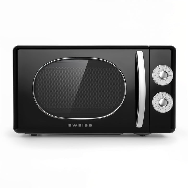SWEISS Vintage-Mikrowelle MOVI9, 20L Schwarz, 700W, 6 Kochstufen, Auftaufunktion, Drehteller 24,5 cm