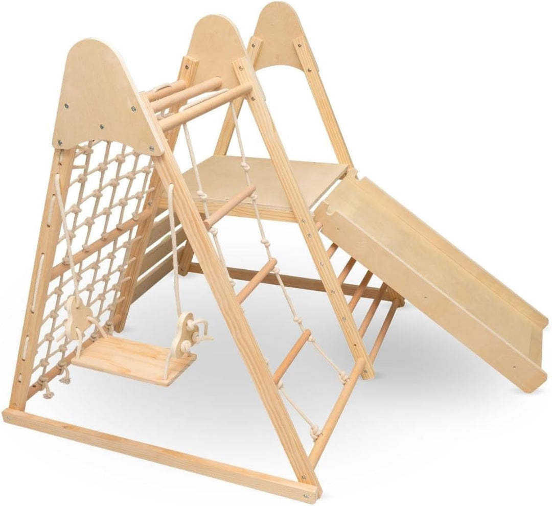 mamabrum Holz Haustier Spielplatz XL 5in1, Rutsche, Schaukel, Kletterwand, Netz und Leiter für Aktiv