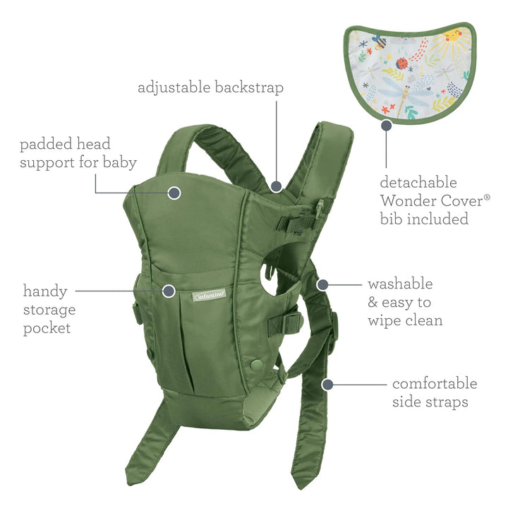 Infantino Swift Classic Babytrage, 2 Tragepositionen mit Wonder Cover Lätzchen, verstellbare Gurte,