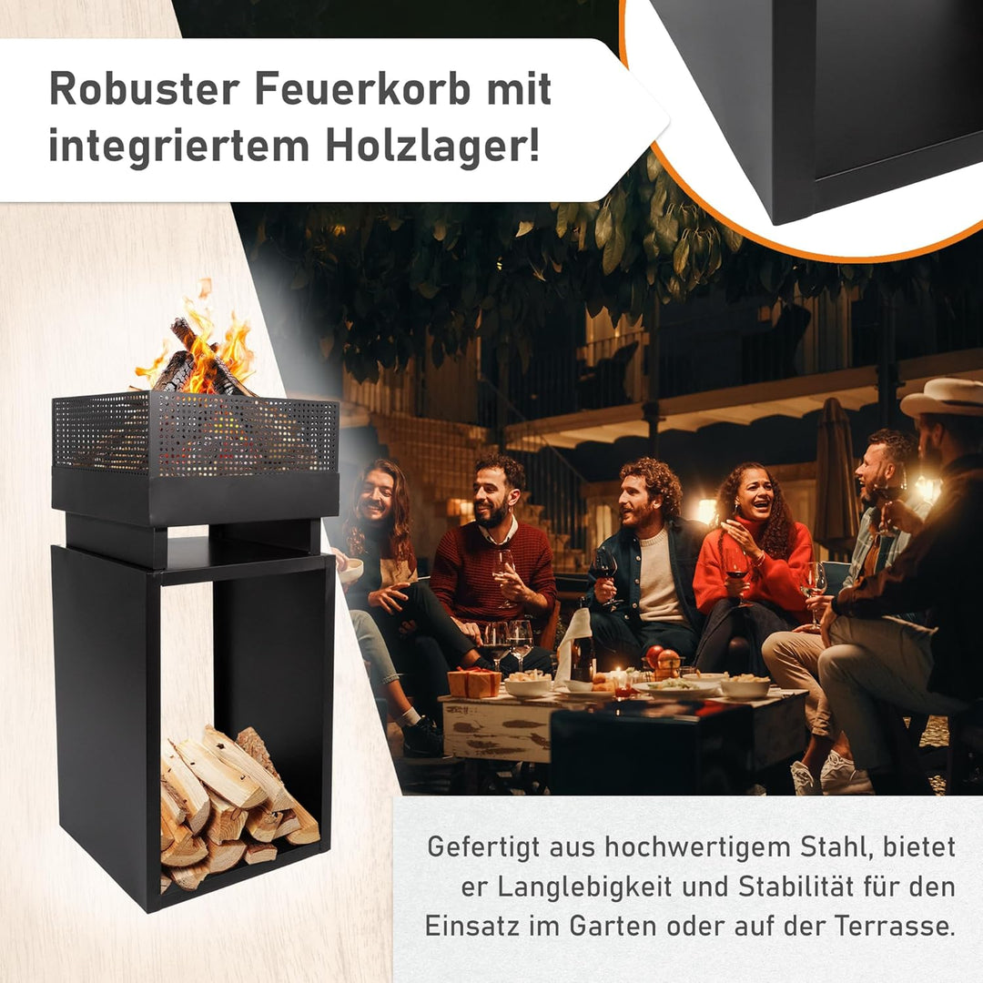 Lemodo Feuerkorb mit Holzlager – Feuerstelle aus robustem Stahl, modernes Design, ideal für Garten u