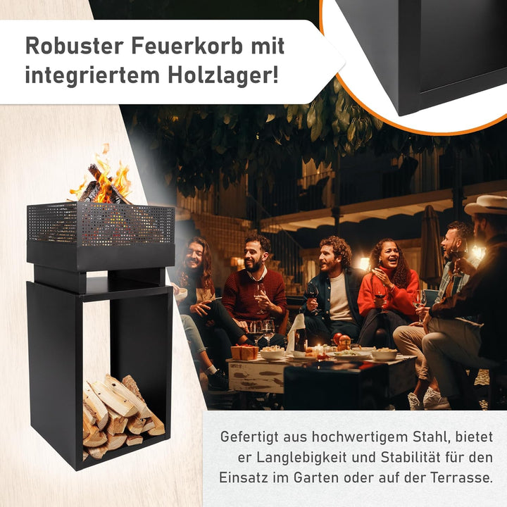Lemodo Feuerkorb mit Holzlager – Feuerstelle aus robustem Stahl, modernes Design, ideal für Garten u