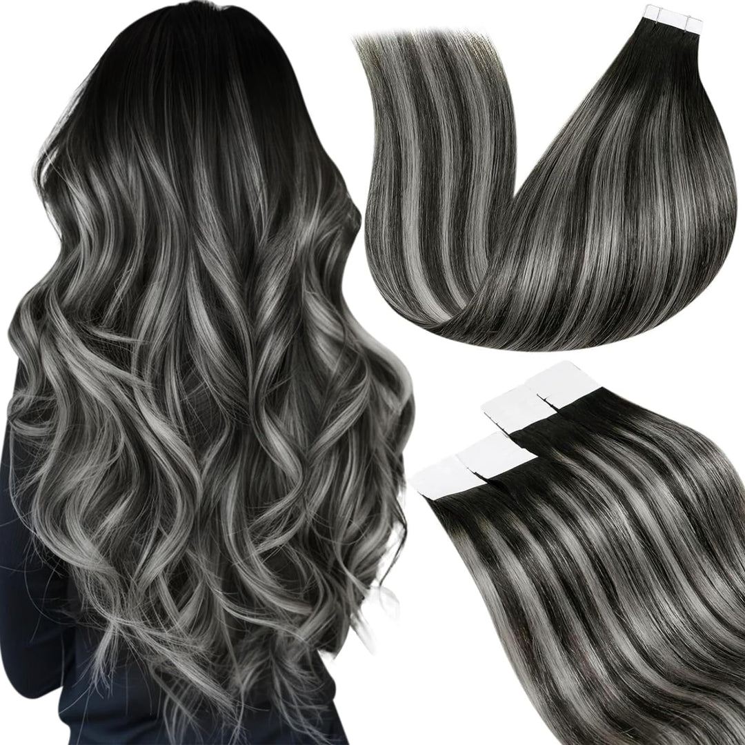 LaaVoo Tape in Extensions Ombre 60cm Tape in Haarverlängerung Echthaar Schwarz Balayage Silber Glatt