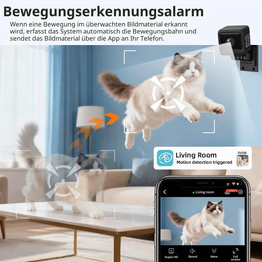 XNJ Mini Kamera, 4K HD WLAN Überwachungskamera innen mit 1600mAh Akku für Lange Laufzeit,Bewegungsme