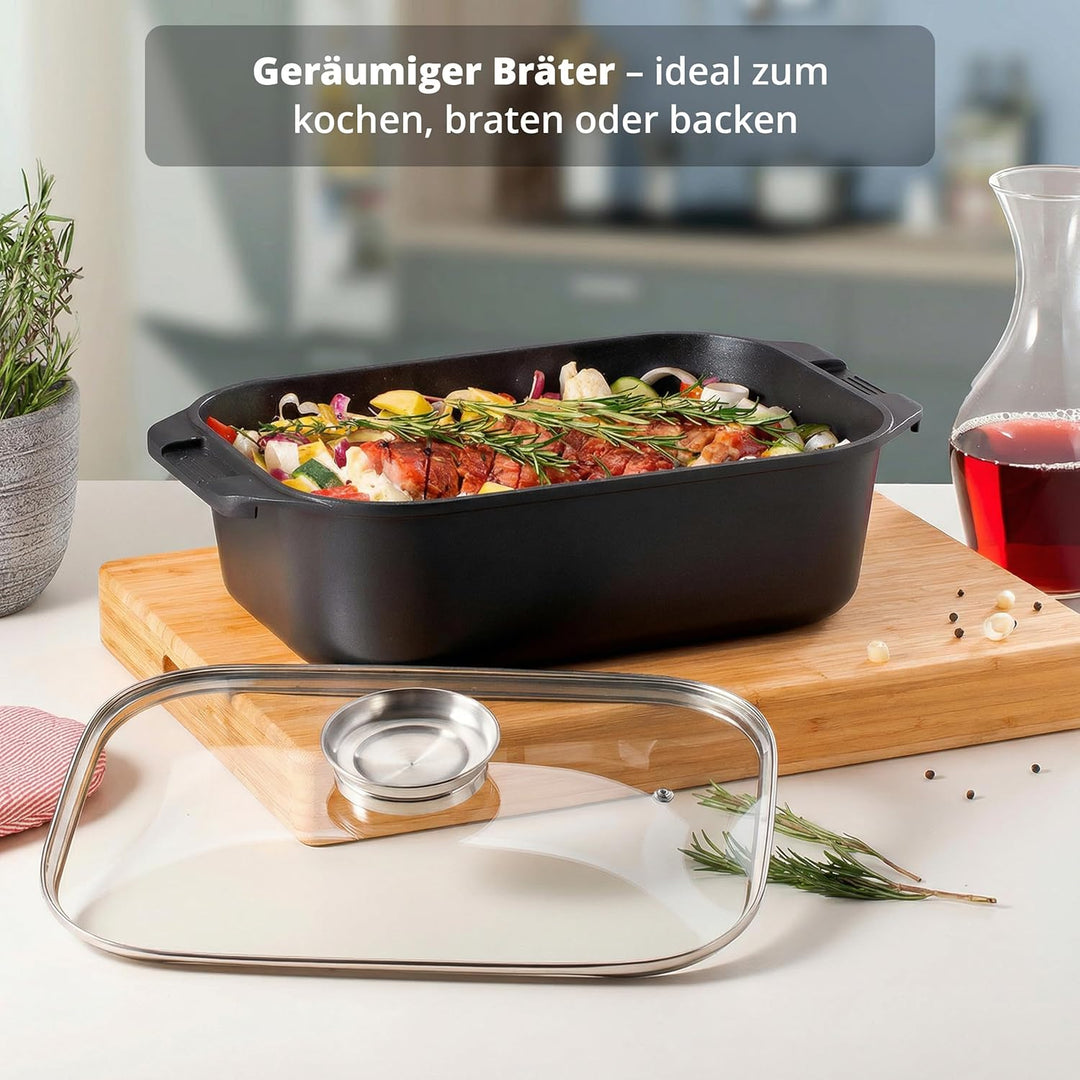 KHG Aluminium Bräter mit Glasdeckel & Aromaknopf 26x41 cm Rechteckig 11 L - ILAG Xeradur®5 Antihaftb